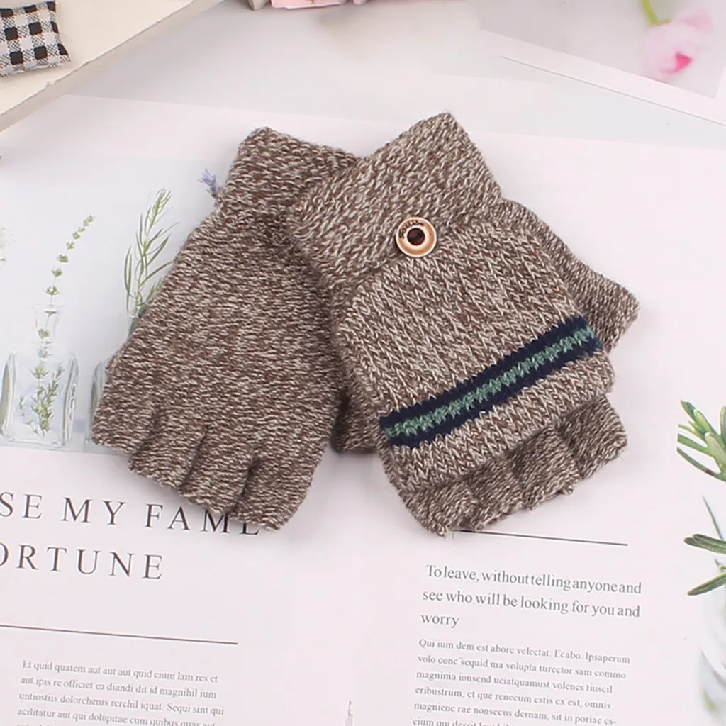 Winter Big Children's Gloves Half Finger Knit Gloves AB Type Yarn Boy Gloves Jacquard Knit Children's Gloves Student Writing#30