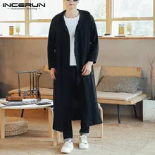 INCERUN, осенняя мода, мужской повседневный однотонный длинный рукав, с капюшоном, длинный Тренч, Ретро стиль, пряжка, пара, верхняя одежда, платье, толстовки, 5XL