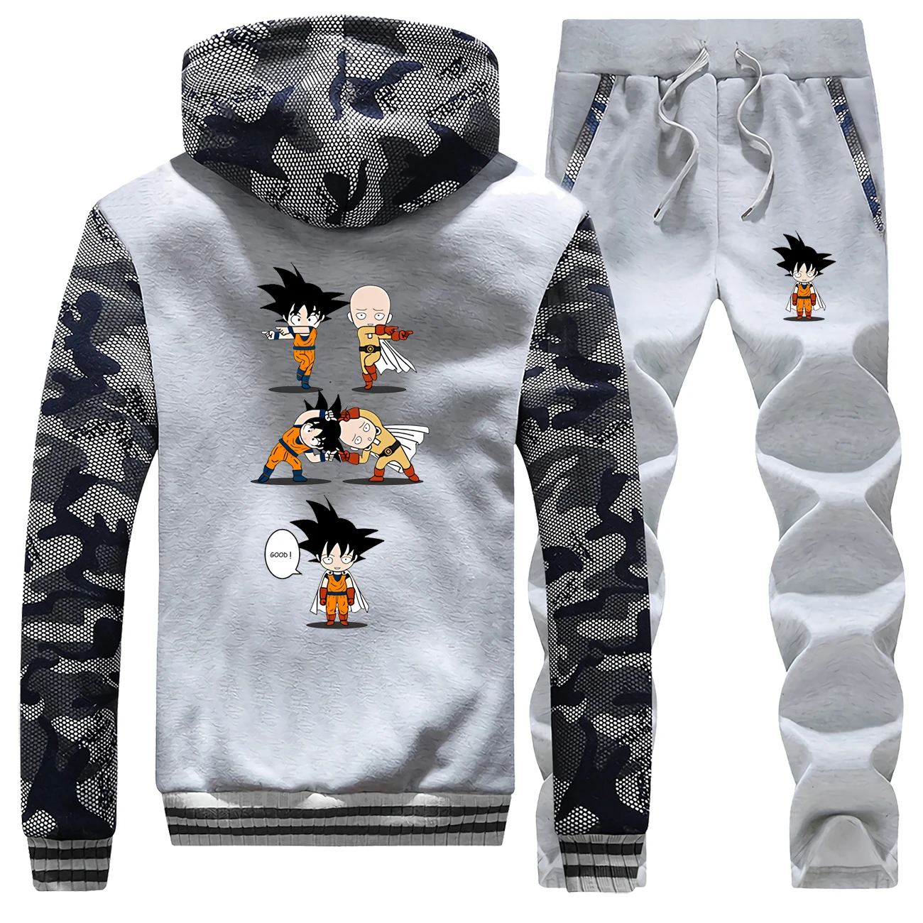Япония мультфильм толстовки пальто Толстые зима One Super Punch Saiyan Спортивная одежда для мужчин Камуфляжный костюм теплая куртка+ брюки комплект из 2 предметов