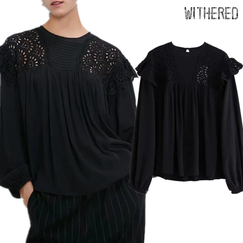 

Withered new england elegant simple Lace splicing blouse women blusas mujer de moda 2019 shirt womens tops and blouses plus size