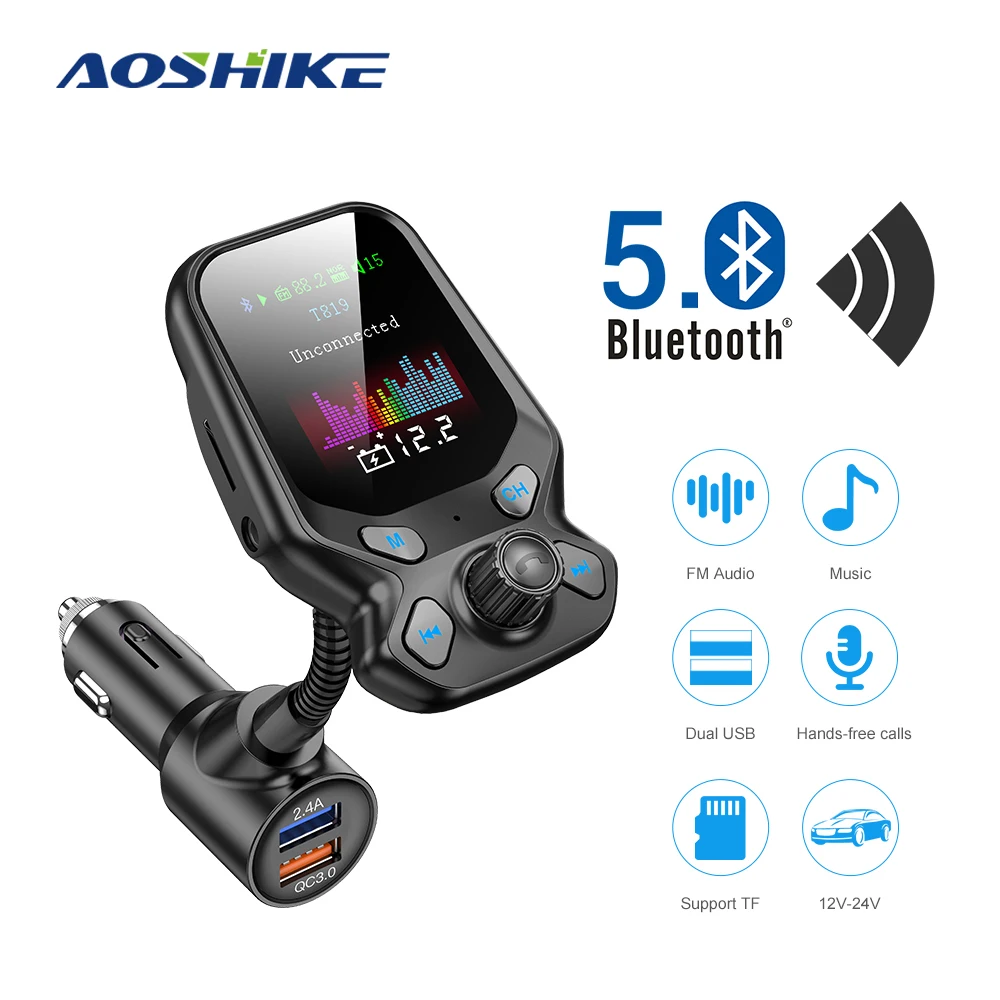

AOSHIKE Bluetooth Car Kit Handsfree FM Transmitter Wireless Mp3 Player AUX Audio Receiver with 2 USB Ports QC 3.0 Quick Charge