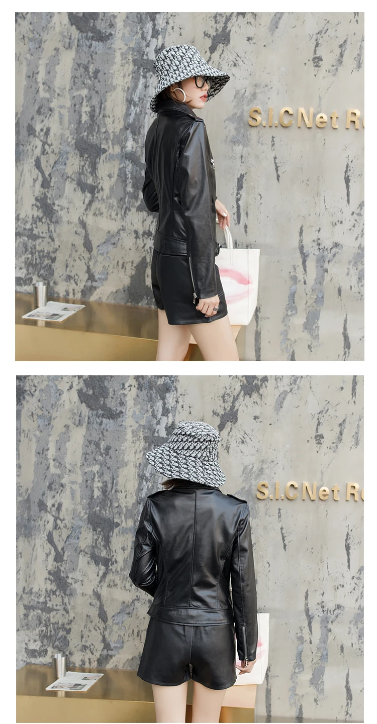 Genuine Leather Jacket Moto Notched Neck Buckle Betled Black Jacket Coats Women Autumn Casual Highstreet Long Sleeve Fit Outwear