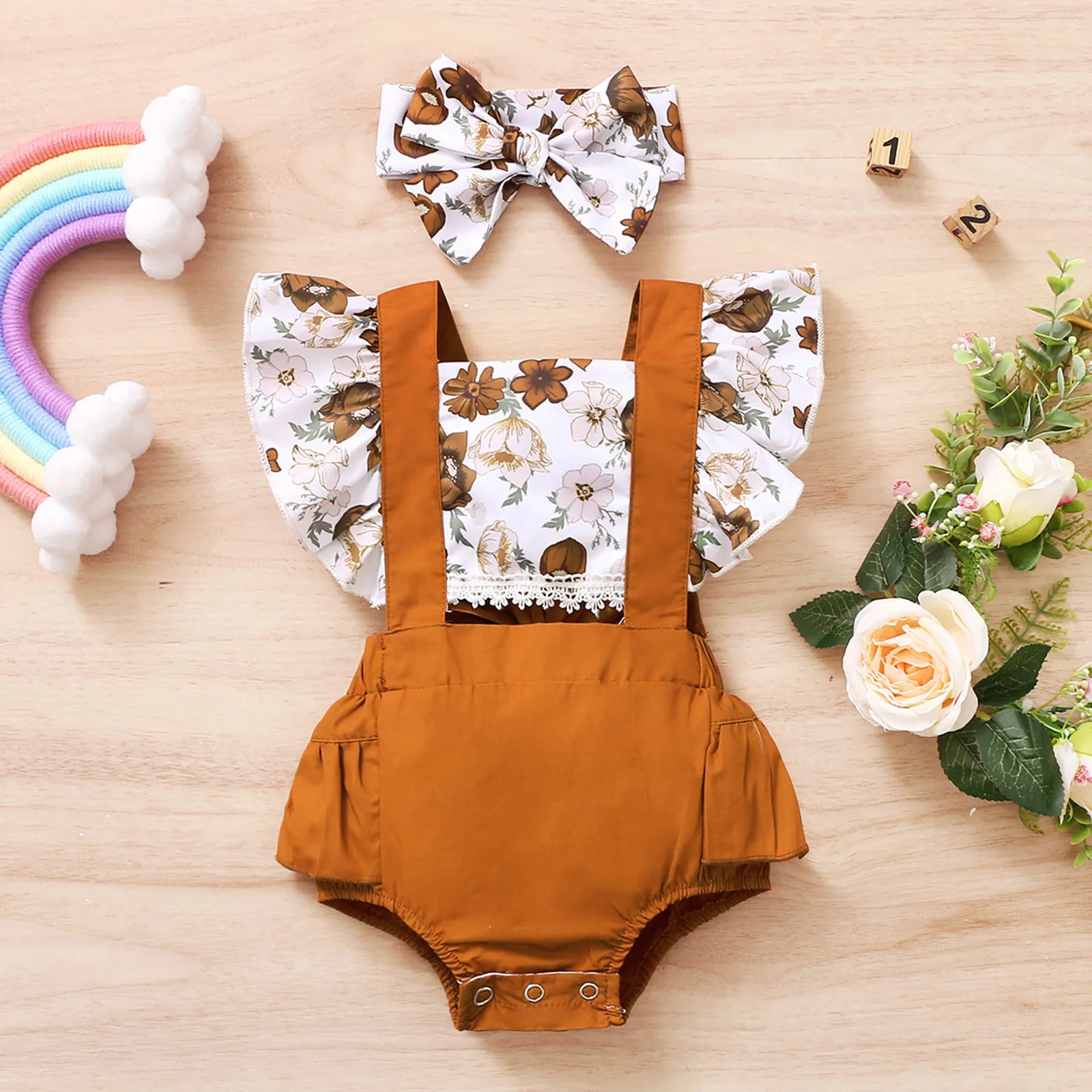 

Newborn Jumpsuits Infant Baby Girls Ruffle Floral Printed Backless Romper Bodysuit+headbands Baby Bodysuit Baby Summer Clothing