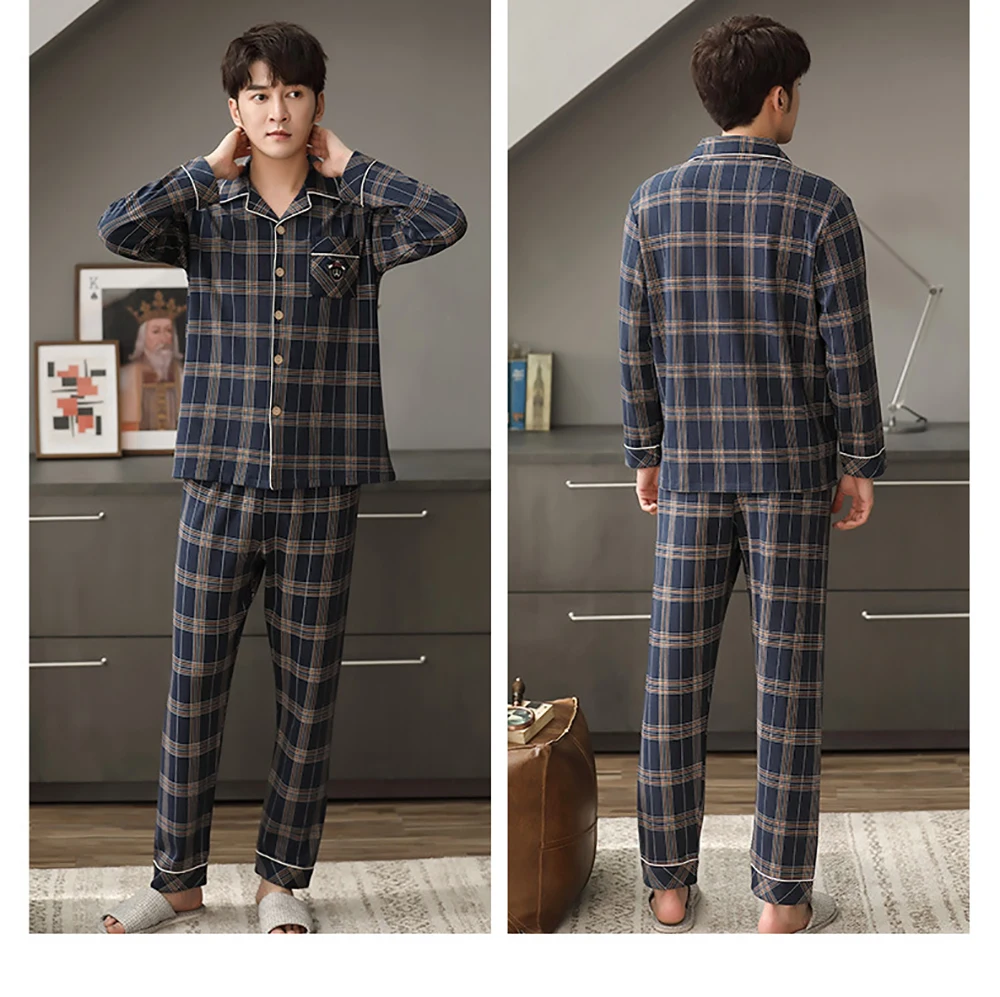 Autumn Winter Male Cotton Pajama Sets 4XL Plus Size Sleepwear Fashion Gradient Plaid Pijama Men Set Comfort Pajamas Loungewear checkered pajama pants