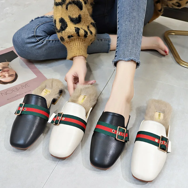 

2019 Autumn & Winter New Style Online Celebrity Korean-style Lazy Fairy Furry Semi-Slipper Outer Wear-Style Chunky-Heel Closed-t