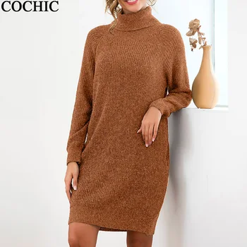 

Turtlneck Loose long lazy style Knit sweater dress autumn winter think warm Solid Color Pocket jumper pullover dresses