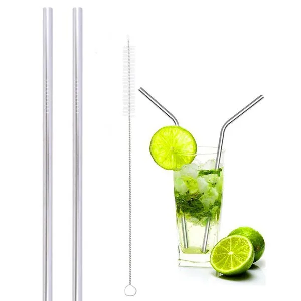8Pcs Stainless Steel Drinking Straw Reusable Straight Straws+ 2 Cleaner Brush Set