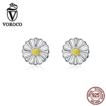 

VOROCO BKE774 925 Sterling Silver Pure Daisy Yellow Flower Round Stud Earrings Female Anniversary Silver Gift Fine Jewelry