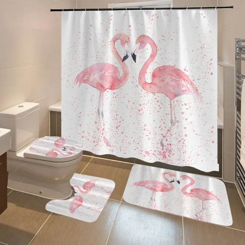 1/3/4Pcs 3D Flamingo Waterproof Shower Curtain Mildew proof Toilet Cover Non-slip Mat 3pcs Toilet Bathroom Decor with 12 Hooks