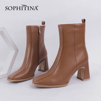 

SOPHITINA Women Boots Vogue Elegant Temperament Plush Lining Ladies Mid-Calf Boots Square Toe Zipper High Heel Shoes Women C835