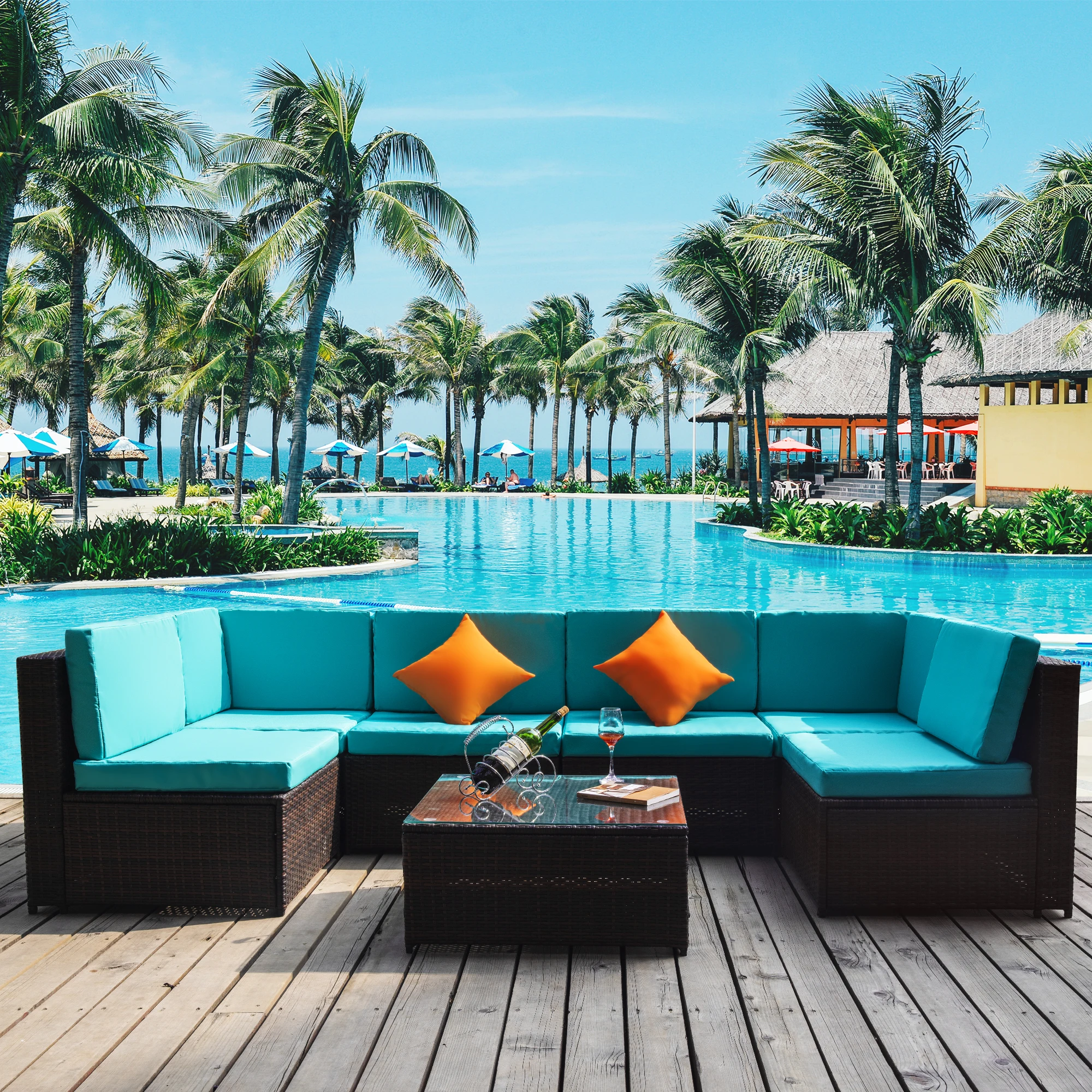 

7Pcs/set Patio Sofa Set Free Cuhion As Gift Furniture Couch Puff Home Use Rattan weave Linen Hemp Fabric Shape U Swimming Pool