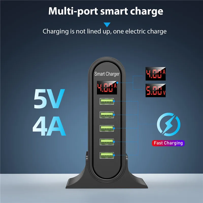 USLION 5 Port Charger HUB Multi USB Charging Station Dock Desktop Wall Home LED Display Universal New Chargers EU US_voghion.com