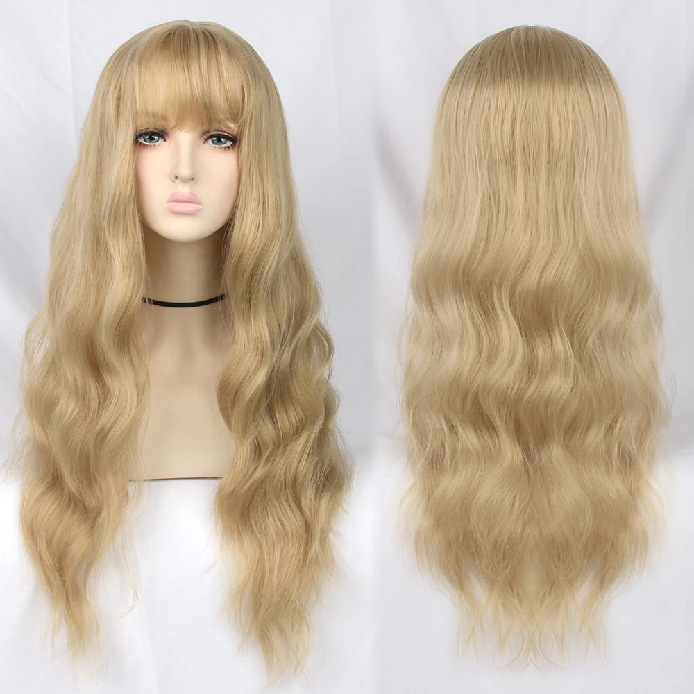 

AIYEE Long Wavy Sythtic Extension Fiber Wig Blonde Synthetic Beach Wave Curly Wigs with Bangs for Cosplay Party Daily Wear