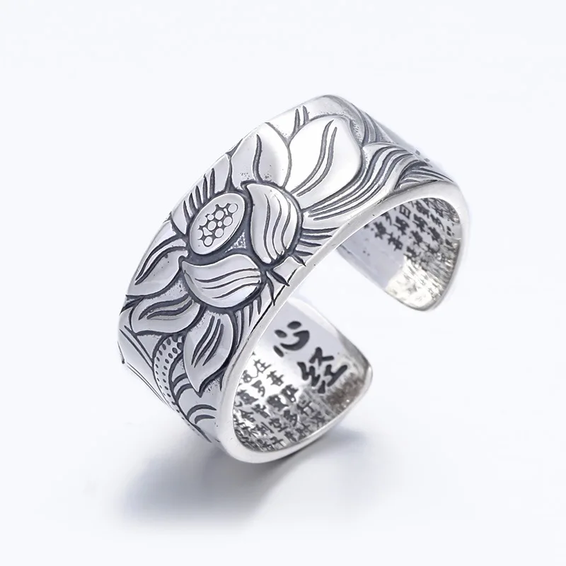 

Retro Opening Buddhist Lovers Ring Six Words True Words Lotus Tai Silver Heart Sutra Men and Women Ring Wedding Jewelry Bague