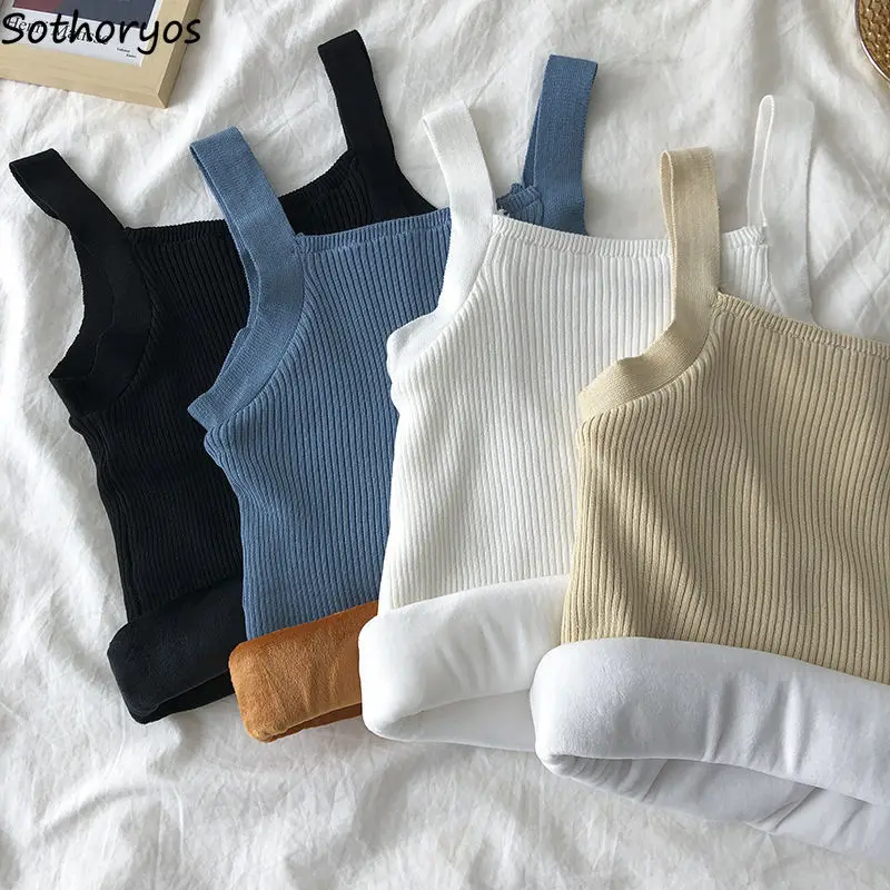 Thermal Underwear Tops Women Sleeveless Plus Velvet Thicker Knitted Warm Winter All-match Korean Style Fashion Chic Sleepwear |
