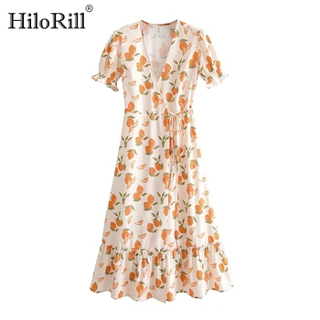 

Women Chic Lemon Print Dress Summer 2020 Ruffle V Neck Boho Beach Midi Dress Ladies Short Sleeve A Line Casual Wrap Dresses