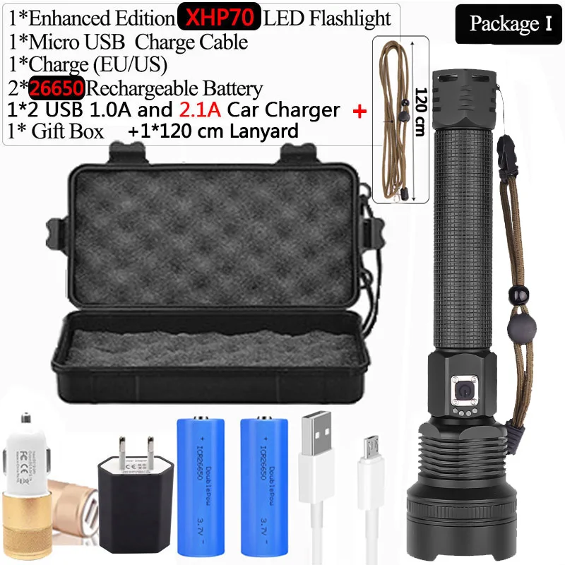 Package I XHP70.2 XHP90 USB Перезаряжаемый светодиодный фонарик XHP70 мощный фонарь супер водонепроницаемый зум охотничий свет использовать 18650 или 26650 Battey - Испускаемый цвет: Package I