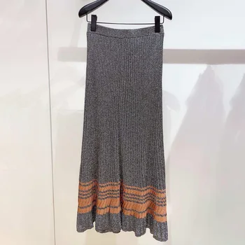 

French Elegant 2020 Metal Bright Silk Knitting Pleated Contrast Women's Wear Overskirt 190391