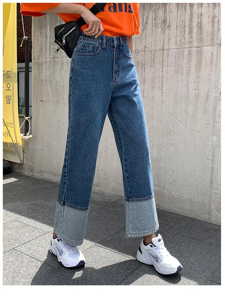 Высокая талия прямые джинсы женские широкие джинсы mujer плюс размер джинсовые брюки Лоскутные винтажные бойфренды мама джинсы макси - Цвет: Синий