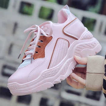 

Women's Chunky Sneakers 2019 Fashion Women Platform Shoes Lace Up Pink Vulcanize Shoes Womens Female Trainers Dad Shoes