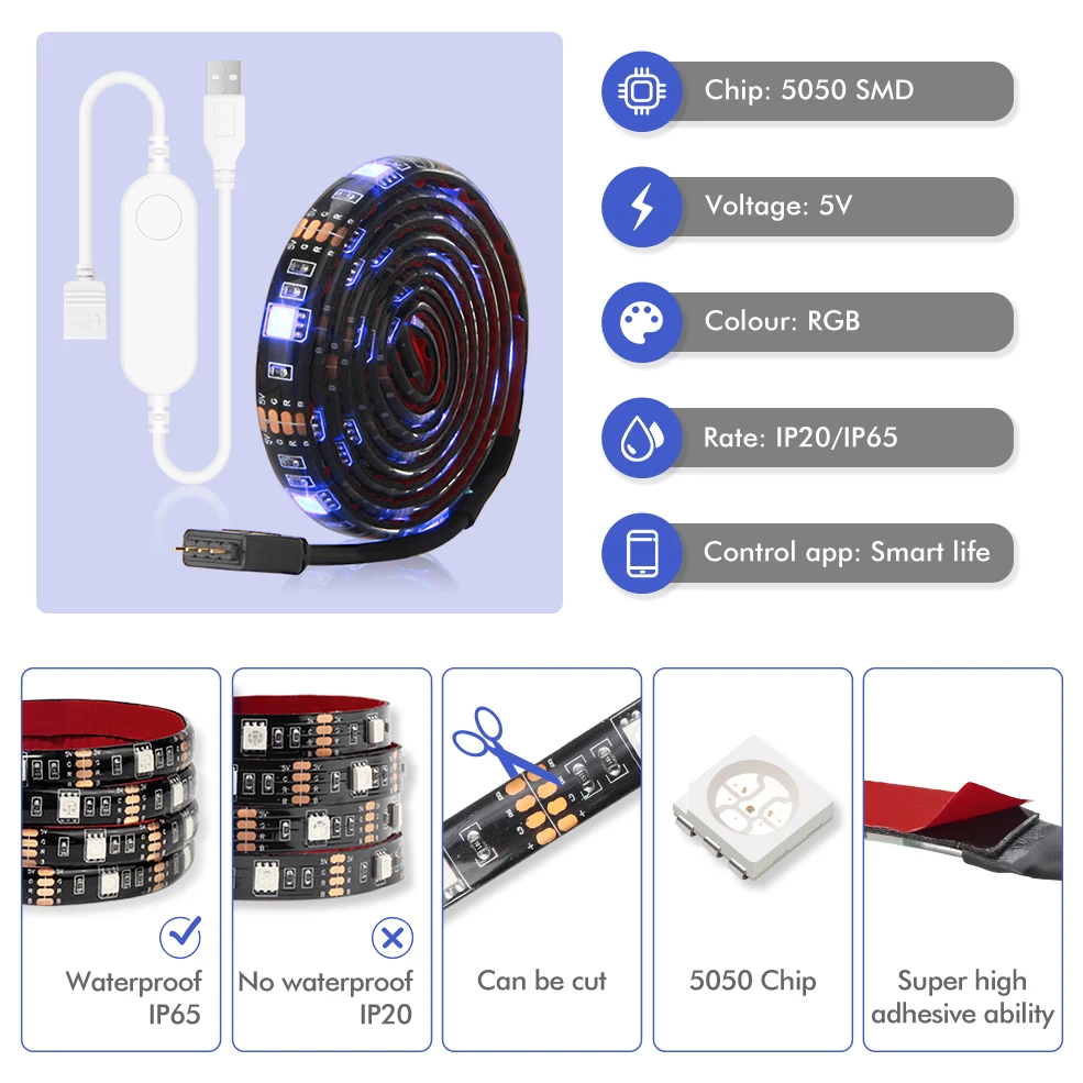 USB LED Strip DC 5V 50CM 1M 2M Tuya Smart Wifi Flexible Light Lamp Alexa Google Assistant Desk Decor Screen TV Background Light - 2