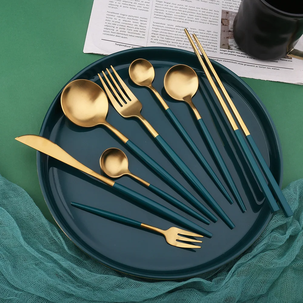 

Z 304 Stainless Steel Mesh Red Tableware Sanding Portugal Knife, Fork And Spoon Malachite Green Gold Western Food Steak Knife An