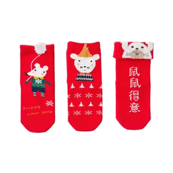 

3 Pairs Kids Cotton Red Crew Socks Chinese Happy New Year Cartoon Mouse Hosiery
