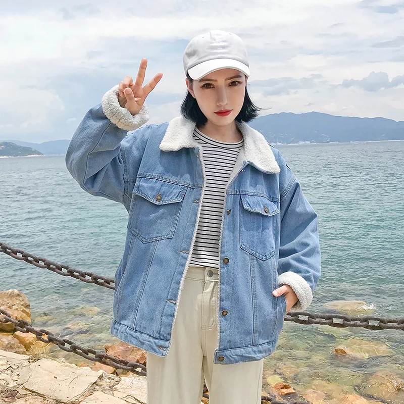 

Autumn Winter Thick Denim Parkas Women Korean Casual Loose Turn-down Collar Single Breasted Warm Tops Student Harajuku Coats