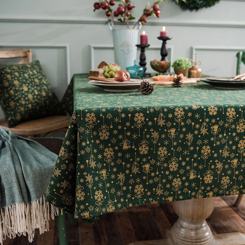  Green Gold Christmas Tree Table Cloth Cover Cotton Linen American Style Tablecloth for Festival Hom