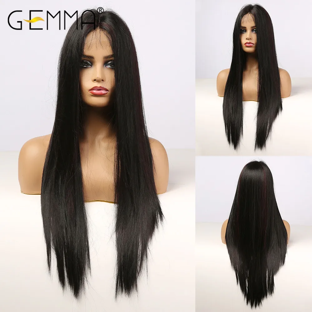 

GEMMA Long Silk Straight Black Red Highlight Lace Wig Middle Part Lace Front Synthetic Hair Wigs for Black Women Heat Resistant