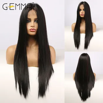 

GEMMA Long Silk Straight Black Red Highlight Lace Wig Middle Part Lace Front Synthetic Hair Wigs for Black Women Heat Resistant