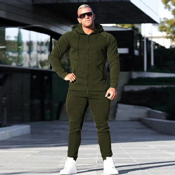 

2019 Autumn winter men fitness suits Fashion casual long sleeve zipper hooded Sweatshirts + patchwork Small leg Sweatpants