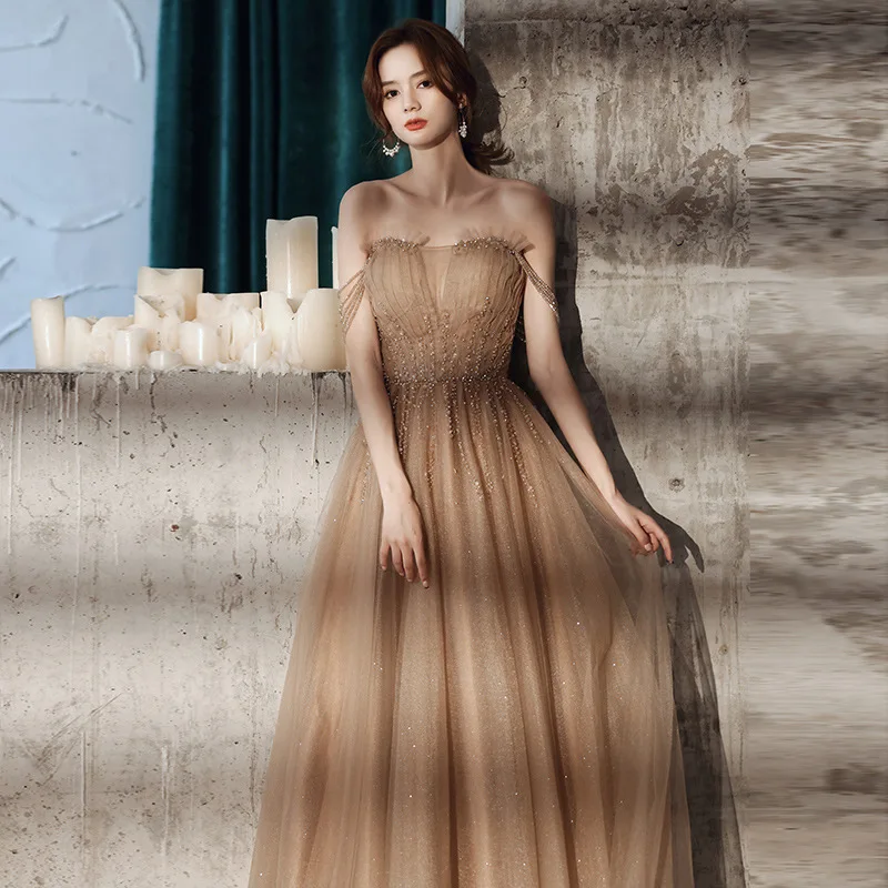 

Khaki Sequin Luxury Fairy Evening Dress Female 2021 Summer Banquet Sling Aura Queen Host and Lady Birthday Party Prom Dress A106