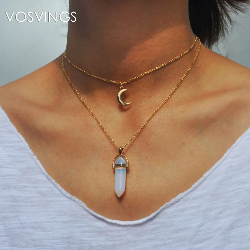 VOSVINGS натуральная Опаловая каменная Луна колье модное золотистое каменное