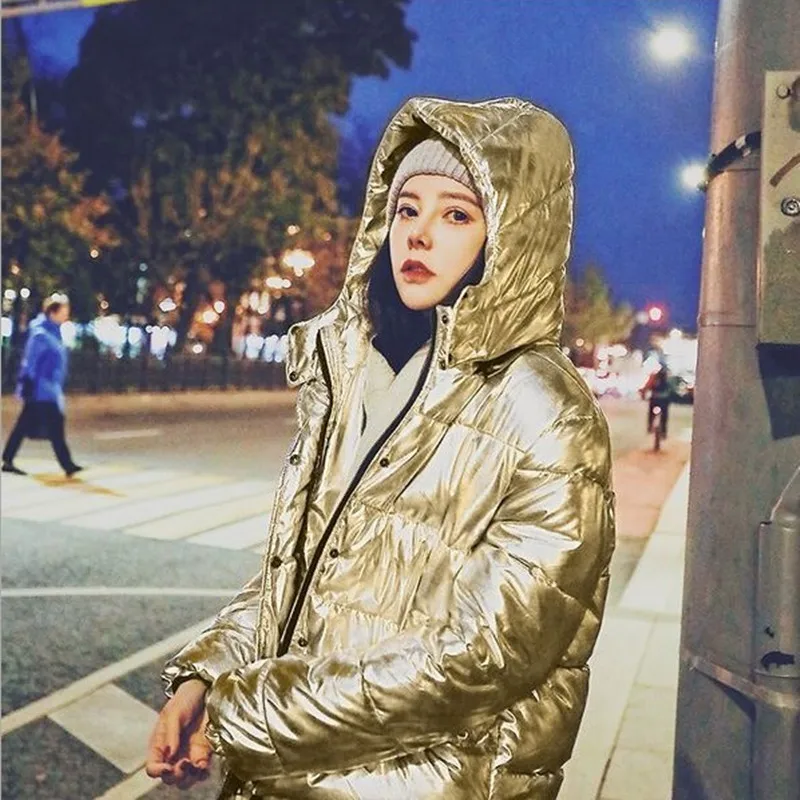 astounding  2019 Winter Fashion Jackets Women Newest All-match Bright Silver Jackets with Hat Harajuku Short Le