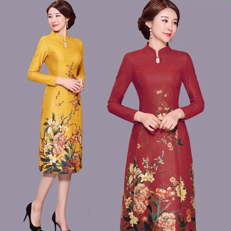 

Spring Fall Chinese Women Stand Collar Yellow Red Black Floral Pattern Cheongsam Dress , Womens Slim 4xl Long Qipao Dresses