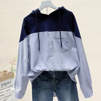 

Hooded Patchwork Women Shirts 2020 Summer New Striped Loose Casual Lady Shirts Outwear Tops