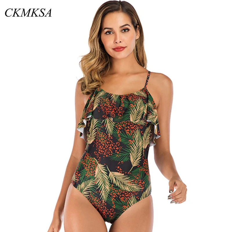 

Swimsuit Retro Bandeau Cross Print Women High Waist One Piece Bodysuit Padded Ruffle Backless Bathing suit Female Monokini XL