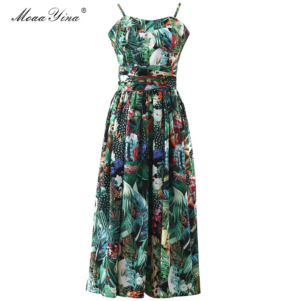 MoaaYina модное дизайнерское платье Весна Лето Женское платье Спагетти ремень Ruched тропический лес цветочный принт платья для отпуска - Цвет: Многоцветный