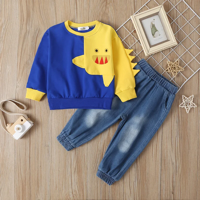 

2PCS Boys Clothes Child Kids Winter Boys Cartoon Shark Long Sleeve Tops Denim Pants Outfits Set Fashion Cool Handsome