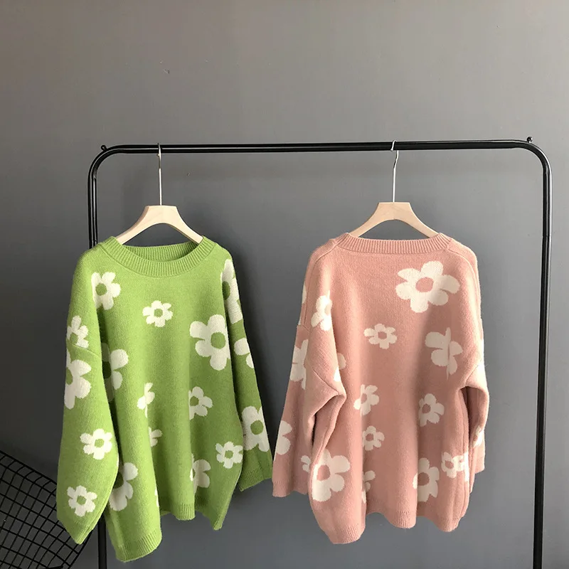 

Mooirue Autumn 2019 Female Harajuku Knitted Sweater Lazy Flower Elastic Pullovers Feminine Pink Green Sweater