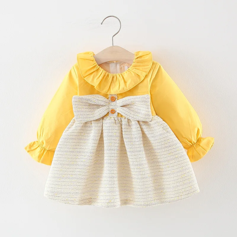 Lovely Bowknot Patchwork Princess Dress For Infant Girls Doll Collar Long Sleeve Cotton Birthday Party Baby Dresses Girl Clothes