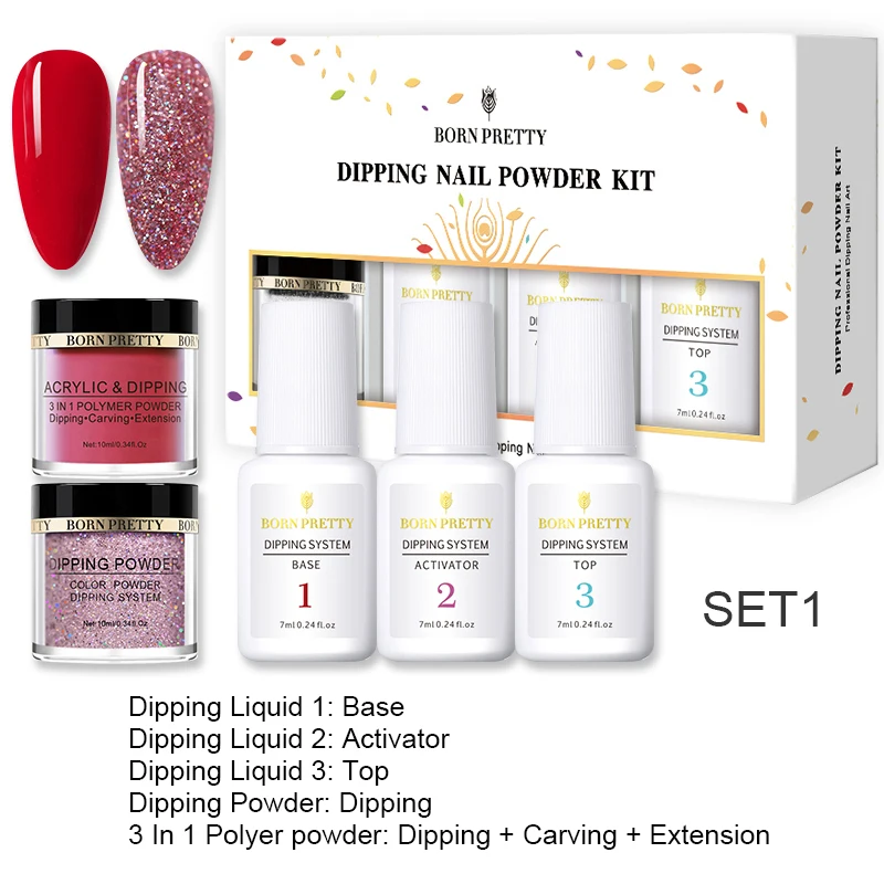 BORN PRETTY Dipping набор пудры для ногтей голографическая 3 в 1 акриловая пудра для наращивания тяга Dip сверкающий пигмент для декоров 5 шт