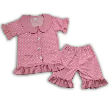 

summer pink dot short sleeve ruffle top with short pajamas girl sets