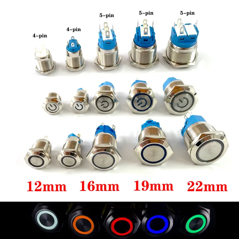 Metall Taste Schalter 12/16/19/22mm Auto Motor Power Schalter 3V 5v 12v 24v  220v LDE Licht Momentary Self-locking Wasserdicht Taste - AliExpress