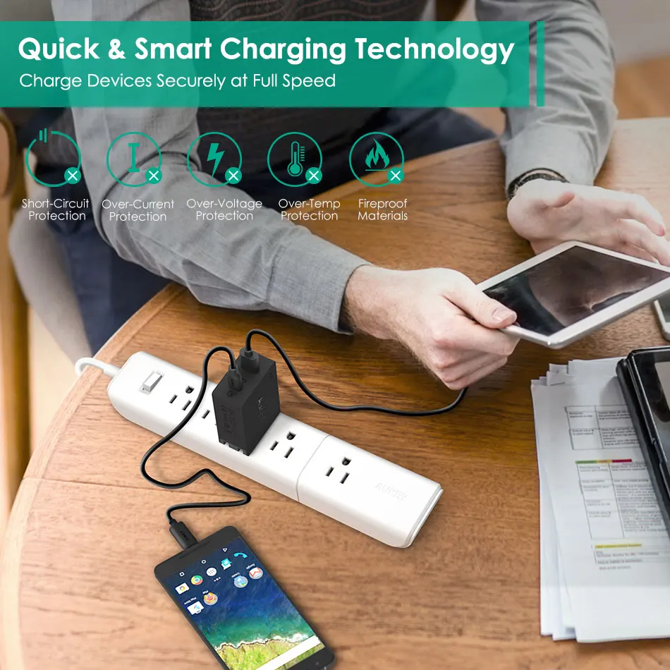 AUKEY Quick Charge 3,0 2USB зарядное устройство для телефона для путешествий быстрое настенное зарядное устройство для банк питания для мобильного телефона двойной USB для путешествий бесплатный быстрый кабель C