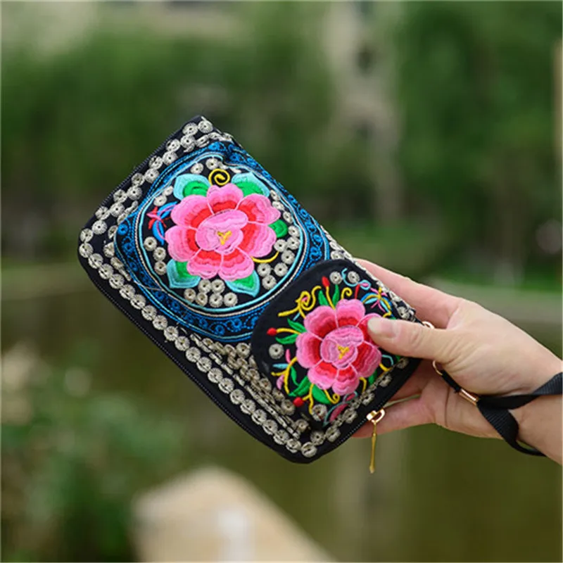 

Women's Long Wallets Ethnic Embroidered Double Faced Flower National Style Purses Clutch Canvas Zipper Phone Pocket Card Holders