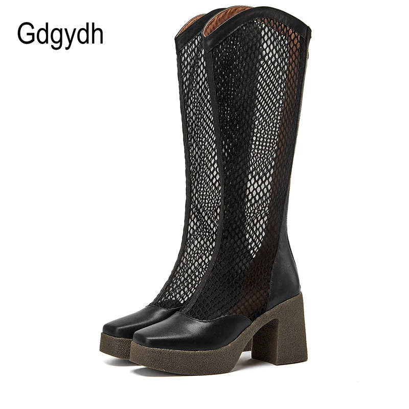 Gdgydh-Botas de piel auténtica de malla de aire para mujer, Calzado cómodo hasta la rodilla con punta cuadrada, para verano y primavera, 2021