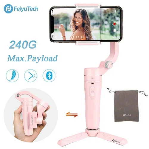 Pink FeiyuTech Vlog Pocket Gimbal MINI 3 Axis Handheld Gimbal Foldable Stabilizer for Smartphone Android iPhone 240 g Payload - Color: Pink