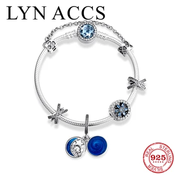 

Luxury Blue CZ 925 Sterling Silver Bracelets and Star Ring Beads Enamel Pendant for Women Original Snake chain Couple Bracelet